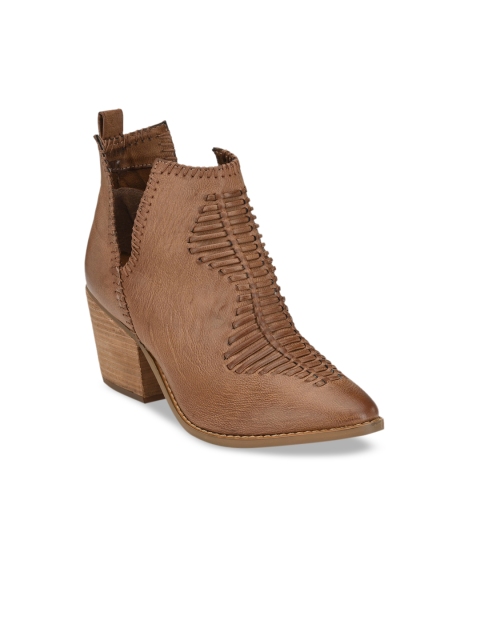 

Zebba Women Tan PU Block Heeled Boots with Laser Cuts