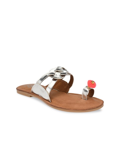 

Zebba Women Silver-Toned Embellished Leather Ethnic Open Toe Flats