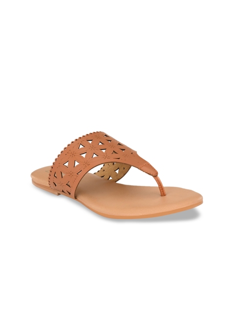

Zebba Women Tan T-Strap Flats with Laser Cuts