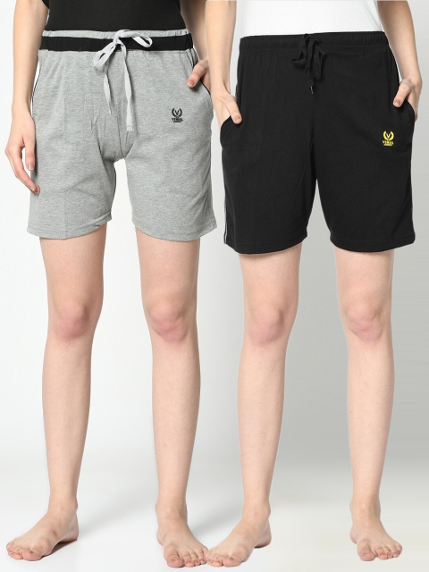 

VIMAL JONNEY Women Black & Grey Melange Set of 2 Cotton Lounge Shorts