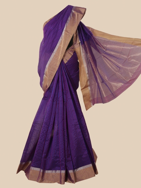 

Pothys Blue & Burgundy Striped Pure Silk Maheshwari Saree
