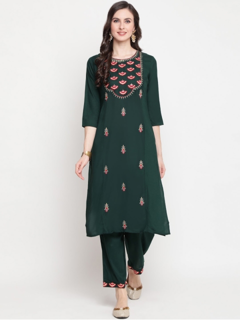 

GULMOHAR JAIPUR Women Green Floral Embroidered Kurti with Trousers