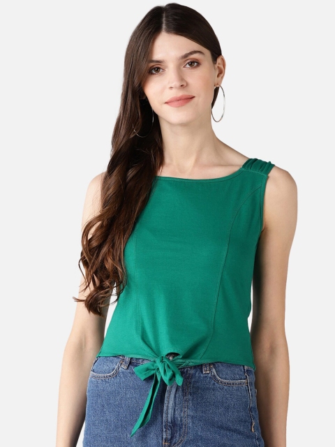 

FIVE STONES Women Green Regular Front Knot Crop Top