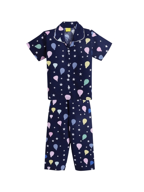 

The Magic Wand Kids Girls Navy Blue & Pink Printed Night suit