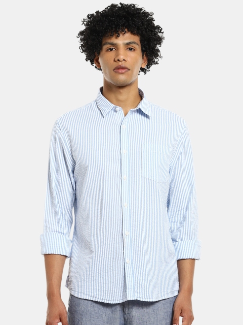 

Ruggers Men Blue & White Pure Cotton Regular Fit Vertical Striped Casual Shirt