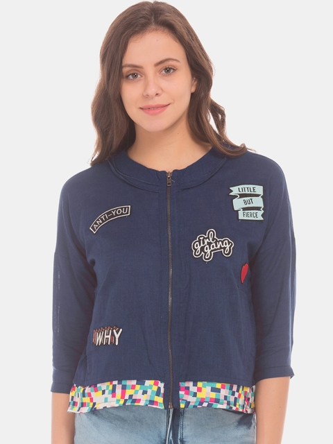 

Sugr Women Blue Pure Cotton Crop Bomber Jacket With Applique Detail
