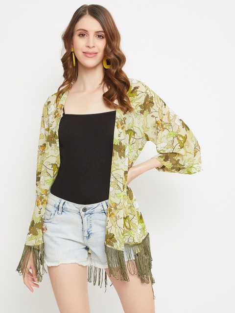 

PURYS Women Green & Yellow Floral Printed Kimono Style Open Front Shrug