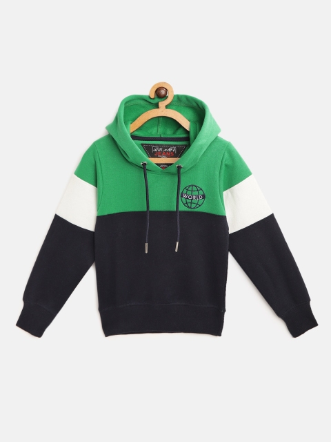 

Little Marco Boys Green & Navy Blue Colourblocked Hooded Sweatshirt