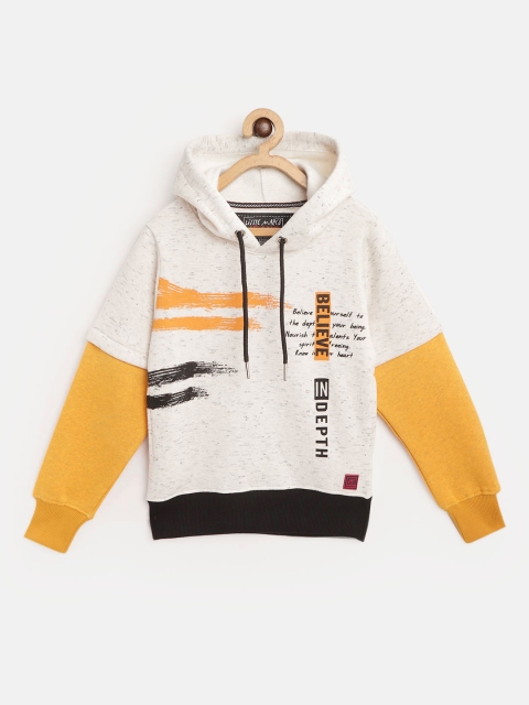 

Little Marco Boys Off-White & Mustard Yellow Printed Hooded Sweatshirt