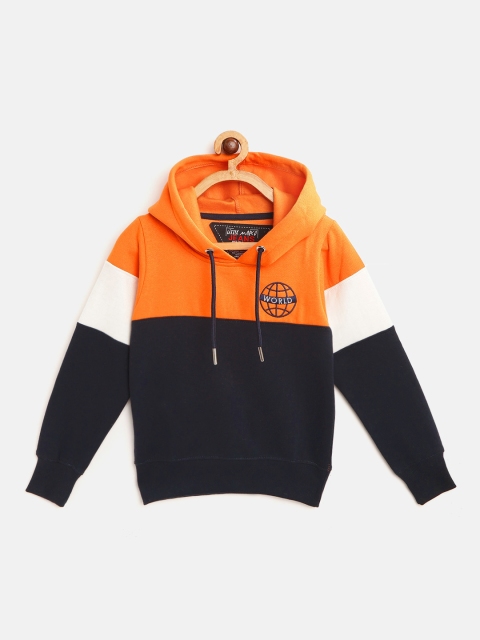 

Little Marco Boys Orange & Navy Blue Colourblocked Hooded Sweatshirt