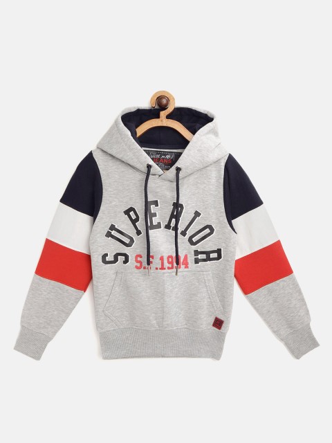 

Little Marco Boys Grey Melange Printed Hooded Sweatshirt