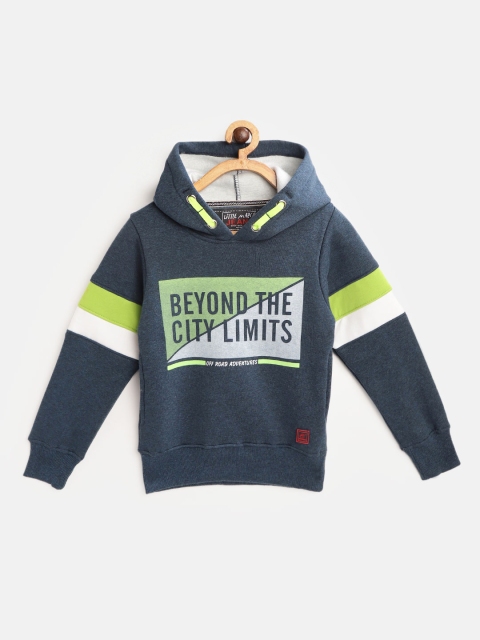 

Little Marco Boys Navy Blue & Grey Melange Typography Print Hooded Sweatshirt