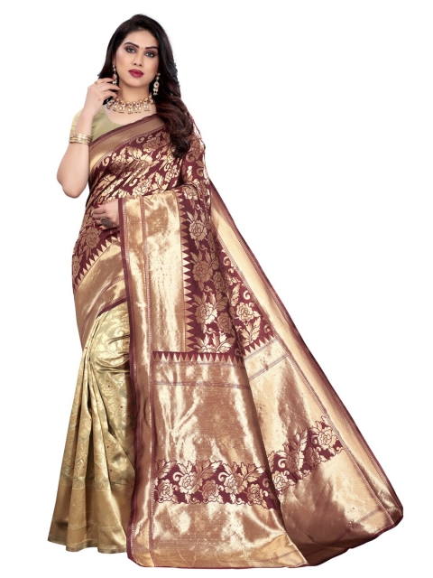 

KALINI Maroon & Beige Floral Zari Woven Design Half and Half Banarasi Saree