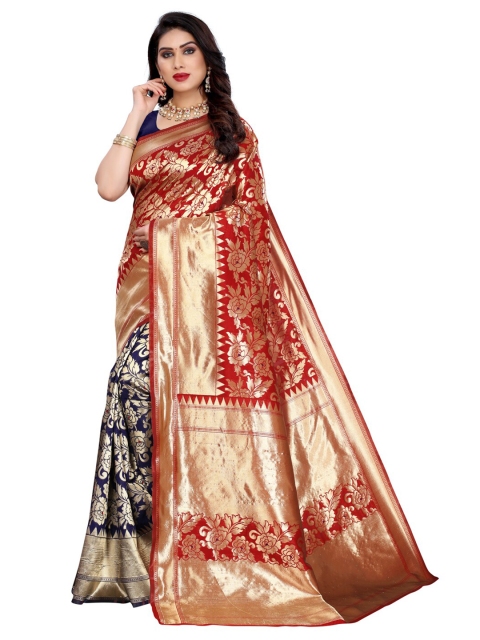 

KALINI Red & Blue Floral Zari Woven Design Half and Half Banarasi Saree