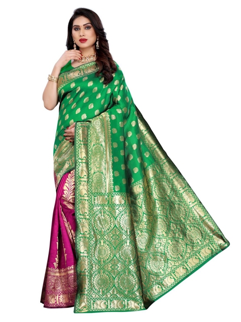 

KALINI Green & Fuchsia Pink Ethnic Motifs Zari Woven Design Half and Half Banarasi Saree