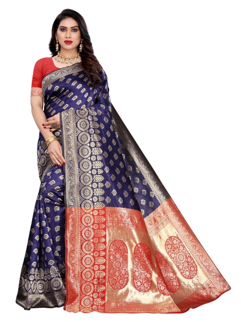 

KALINI Navy Blue & Red Ethnic Motifs Zari Woven Design Banarasi Saree