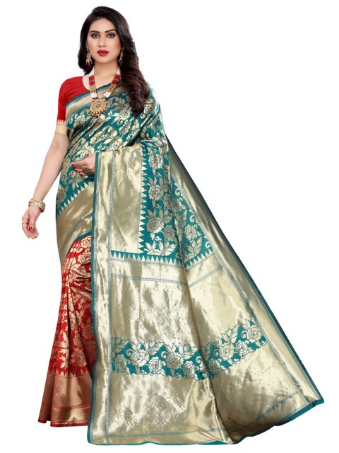

KALINI Red & Teal Floral Zari Woven Design Half and Half Banarasi Saree