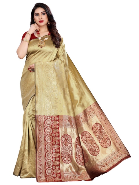 

KALINI Beige & Maroon Ethnic Motifs Zari Woven Design Banarasi Saree