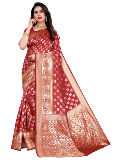 

KALINI Red & Gold-Coloured Ethnic Motifs Zari Woven Design Banarasi Saree