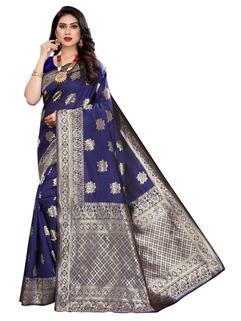 

KALINI Navy Blue & Gold-Coloured Ethnic Motifs Zari Woven Design Banarasi Saree