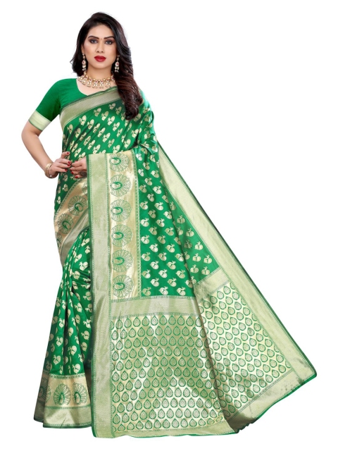 

KALINI Green & Gold-Coloured Ethnic Motifs Zari Woven Design Banarasi Saree