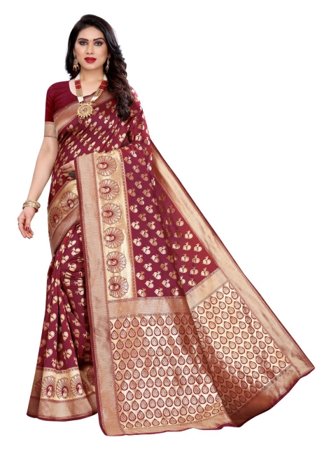 

KALINI Maroon & Gold-Coloured Ethnic Motifs Zari Woven Design Banarasi Saree