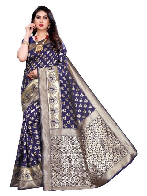 

KALINI Navy Blue & Gold-Coloured Ethnic Motifs Zari Woven Design Banarasi Saree