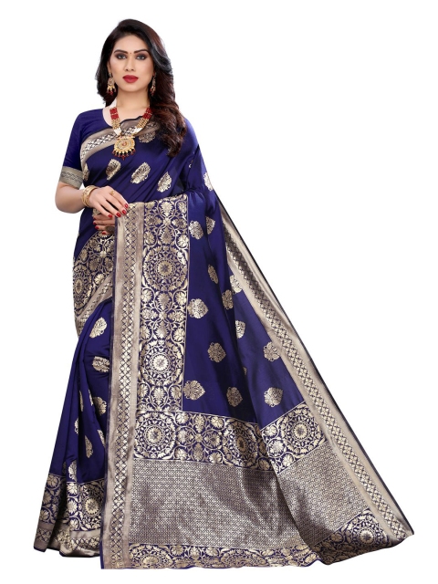 

KALINI Navy Blue & Gold-Coloured Ethnic Motifs Zari Woven Design Banarasi Saree