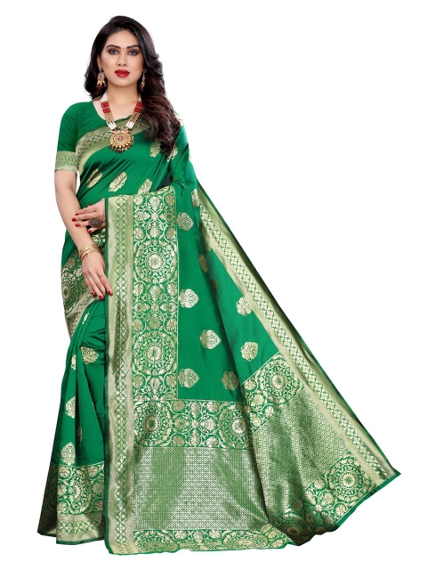 

KALINI Green & Gold-Coloured Ethnic Motifs Zari Woven Design Banarasi Saree