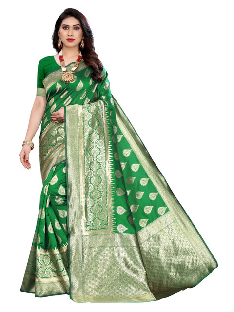 

KALINI Green & Gold-Coloured Ethnic Motifs Zari Woven Design Banarasi Saree