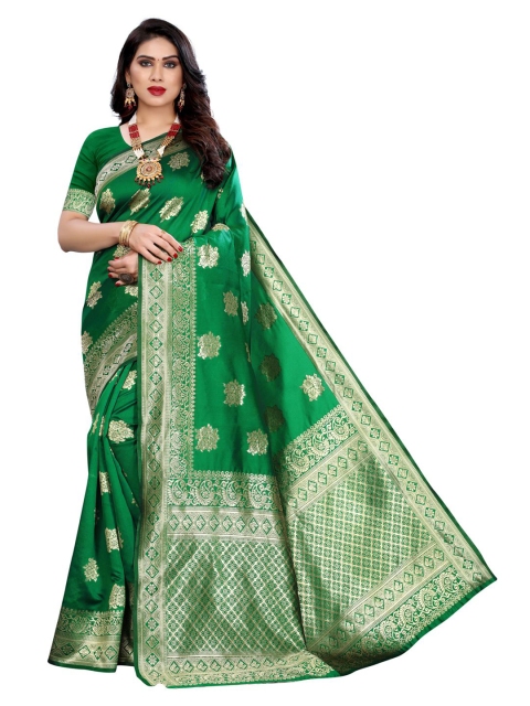 

KALINI Green & Gold-Coloured Ethnic Motifs Zari Woven Design Banarasi Saree