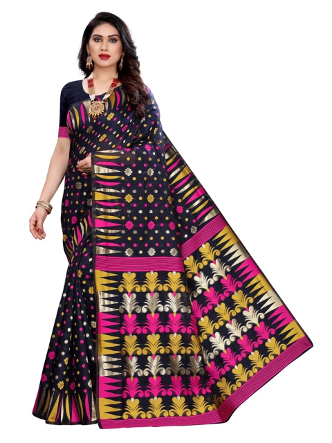 

KALINI Navy Blue & Pink Floral Woven Design Jamdani Saree