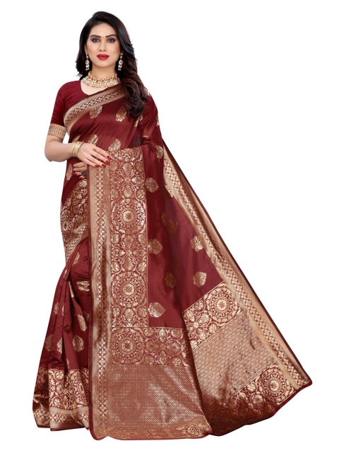 

KALINI Maroon & Gold-Coloured Ethnic Motifs Zari Woven Design Banarasi Saree