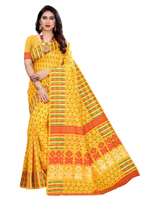 

KALINI Yellow & Orange Geometric Woven Design Jamdani Saree