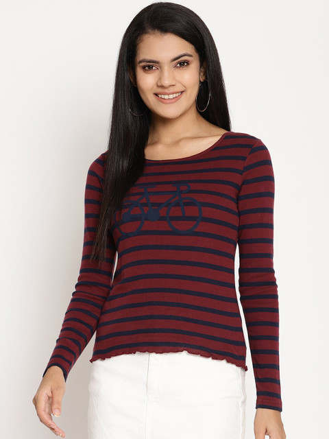 

Wolfpack Women Maroon Navy Blue Striped Cycle Printed Yarn Dyed Pure Cotton T-shirt