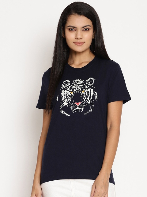 

Wolfpack Women Navy Blue Animal Printed Pure Cotton T-shirt