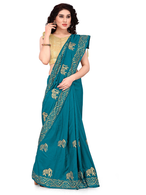 

KALINI Teal Blue & Gold-Toned Ethnic Motifs Sana Silk Saree