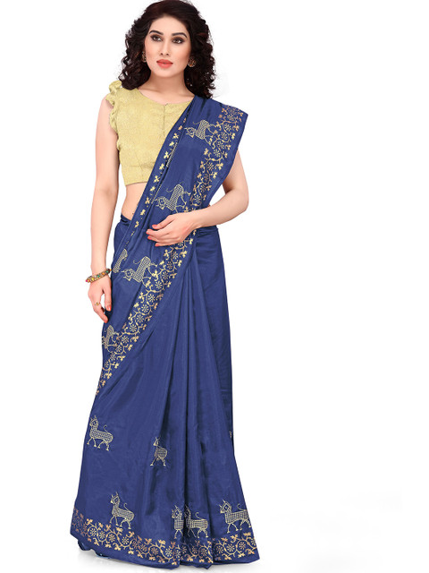 

KALINI Blue & Gold-Toned Ethnic Motifs Sana Silk Saree