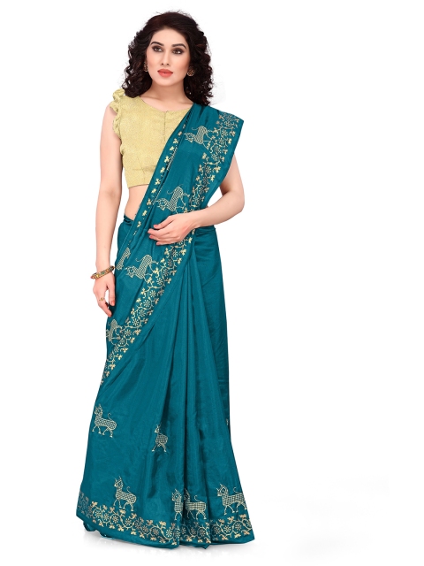 

KALINI Teal Blue & Gold-Toned Ethnic Motifs Sana Silk Saree