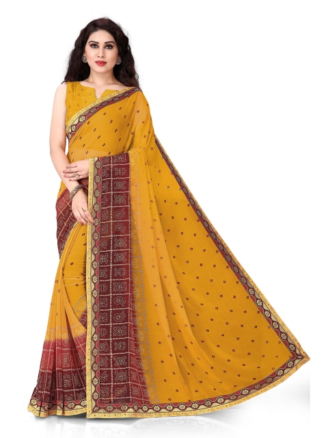 

MIRCHI FASHION Mustard Yellow & Red Bandhani Saree