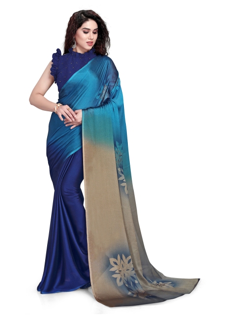 

MIRCHI FASHION Blue & Beige Floral Beads & Stones Saree