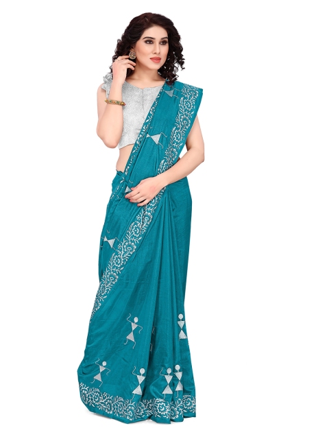 

KALINI Turquoise Blue & White Warli Printed Designer Saree