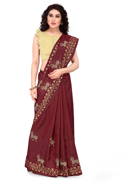 

KALINI Maroon & Gold-Toned Ethnic Motifs Embroidered Saree