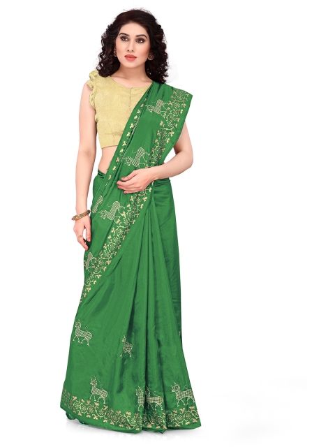 

KALINI Green & Gold-Toned Ethnic Motifs Embroidered Saree