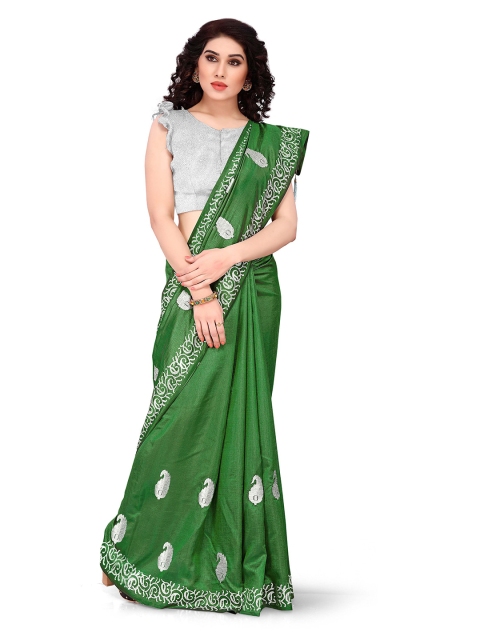 

KALINI Green & Silver-Toned Ethnic Motifs Sana Silk Saree