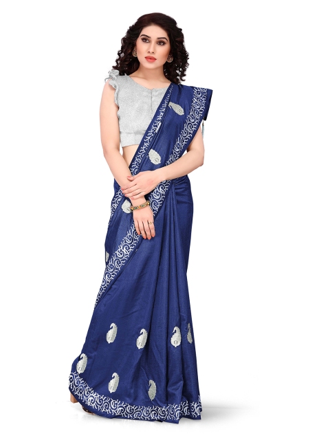 

KALINI Blue & Silver-Toned Ethnic Motifs Embroidered Sana Silk Saree