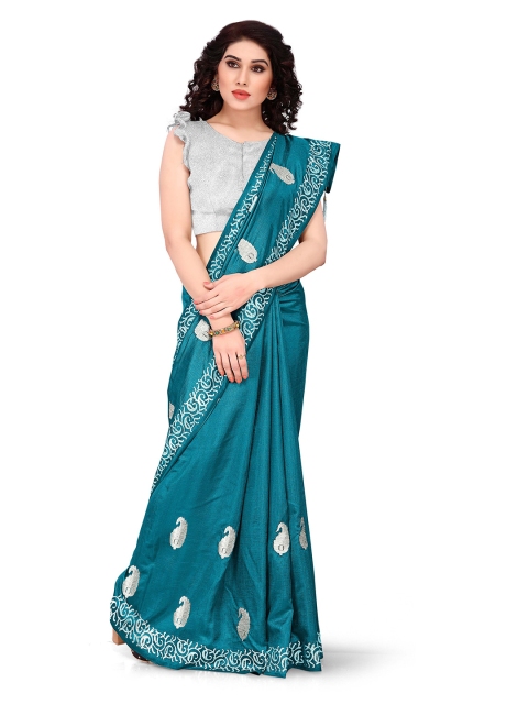 

KALINI Turquoise Blue & Silver-Toned Ethnic Motifs Embroidered Sana Silk Saree