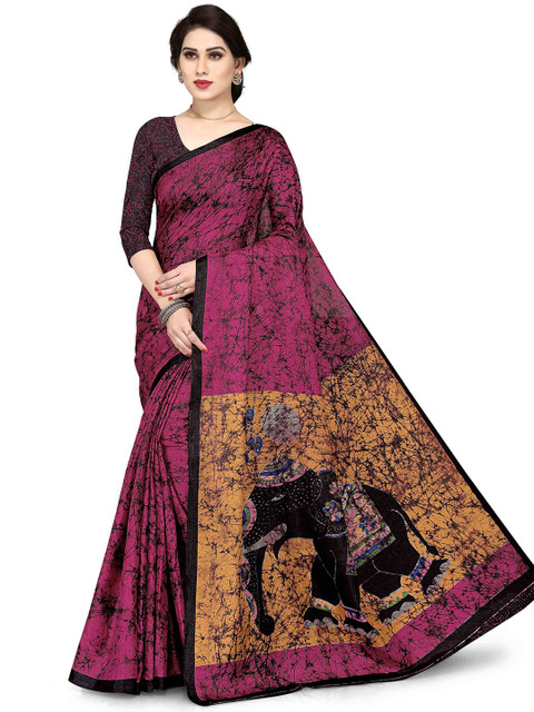 

KALINI Pink & Mustard Yellow Abstract Printed Art Silk Saree