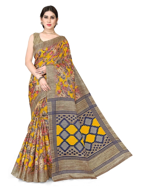 

KALINI Mustard Yellow & Beige Floral Art Silk Saree