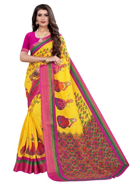 

KALINI Yellow & Pink Ethnic Motifs Printed Saree
